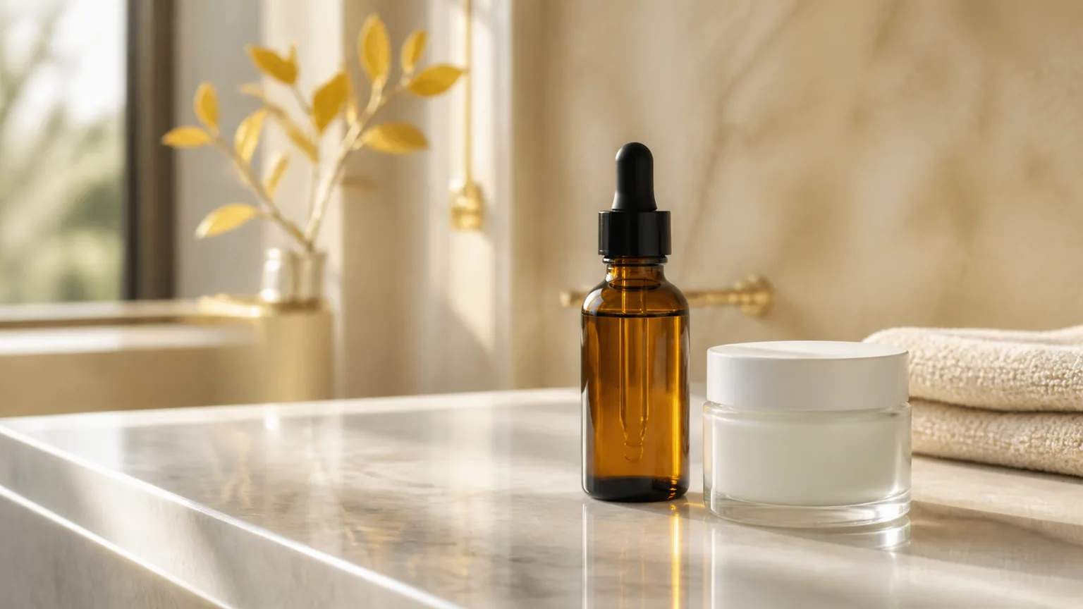Frasco de sérum âmbar e frasco branco sem marca numa casa de banho luminosa